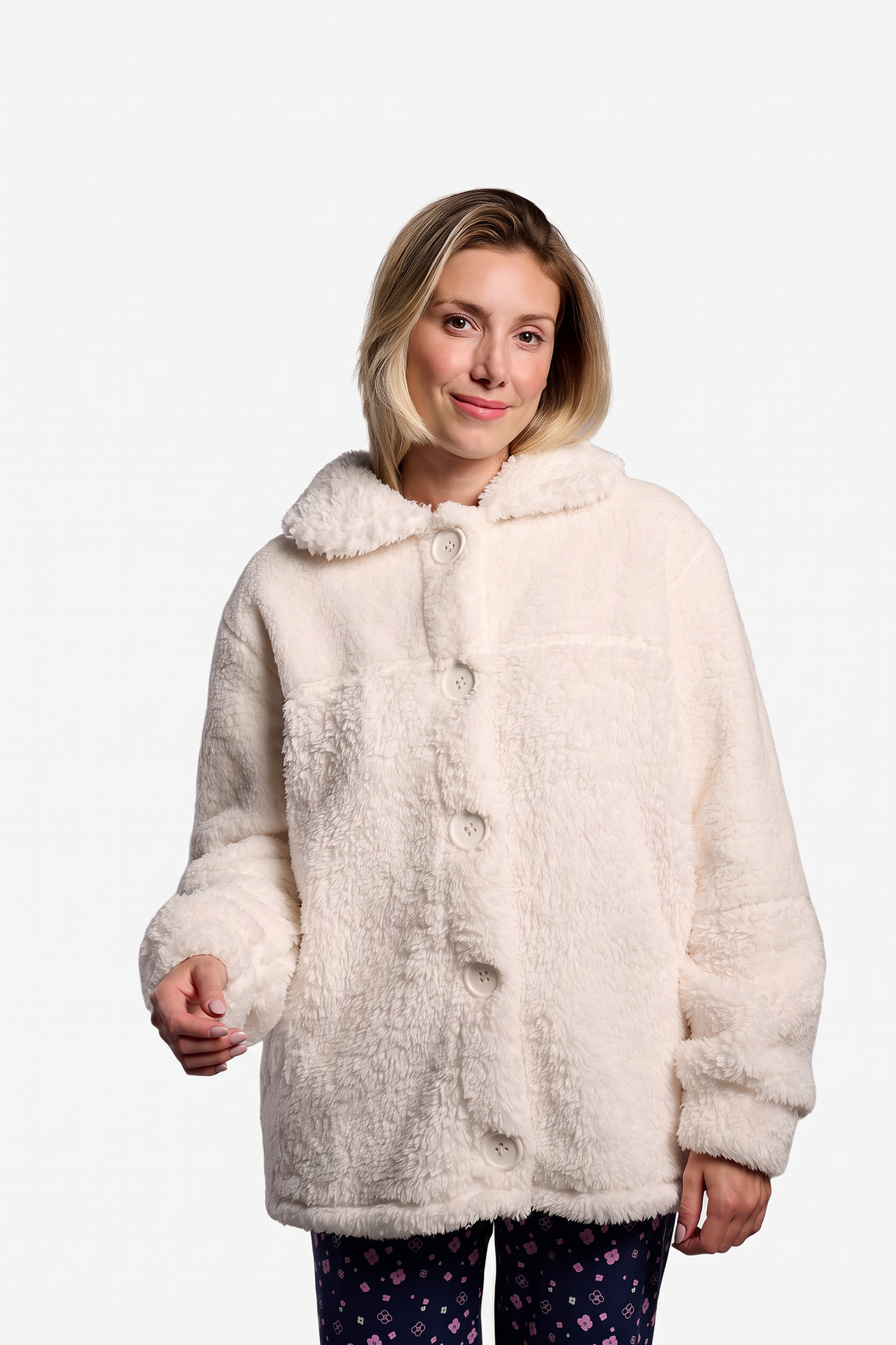 Bata corta polar borreguito donna blanca con botones