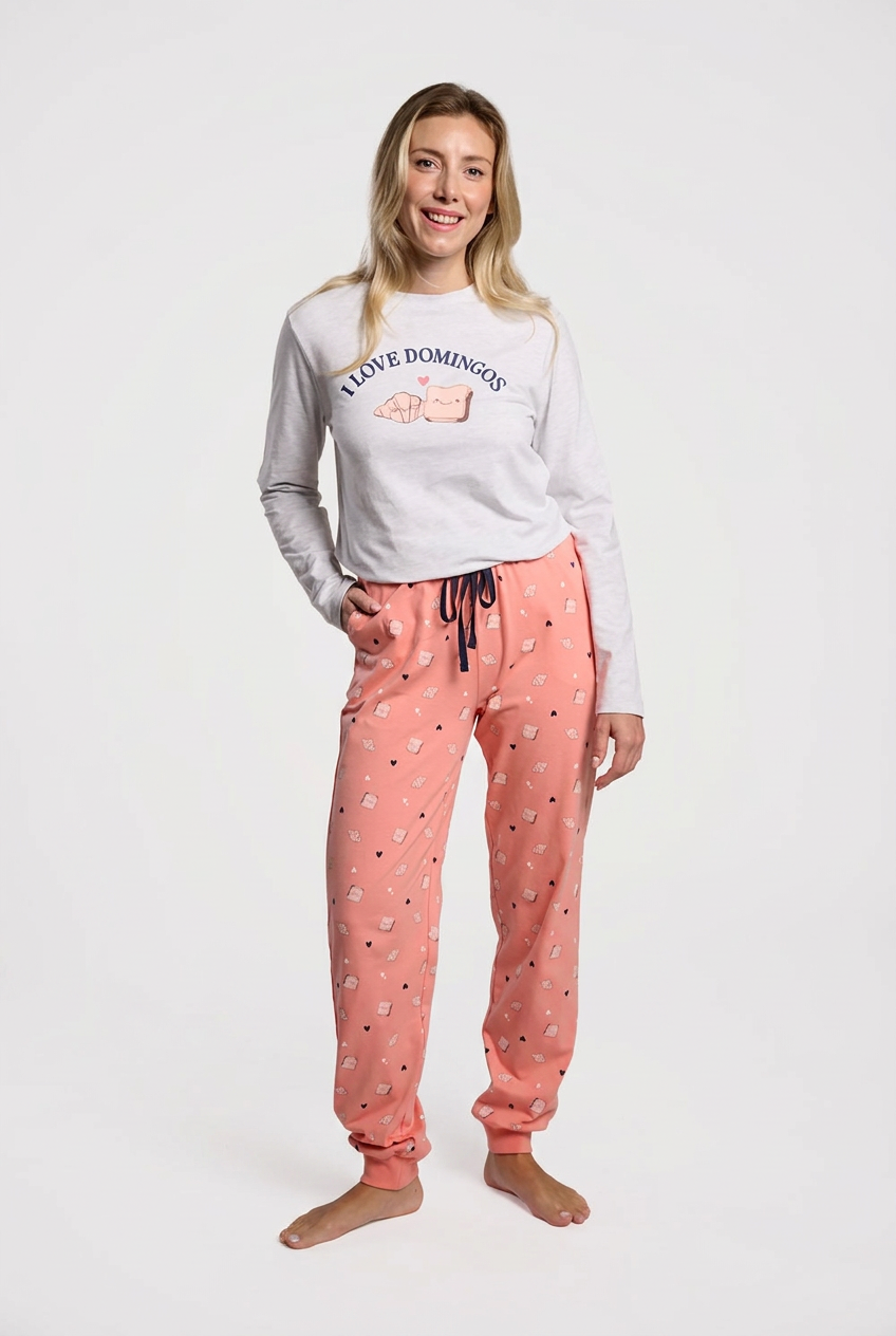 Pijama largo algodón donna I love domingos coral