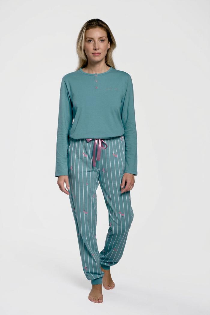 Pigiama lungo cotone donna stampa righe blu con detalles