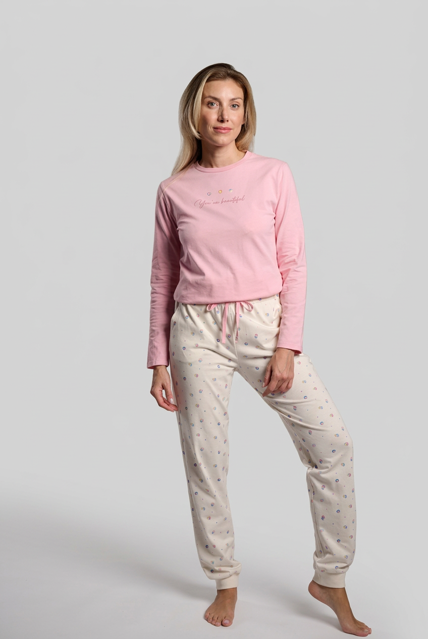 Pijama largo algodón donna rosa y blanco