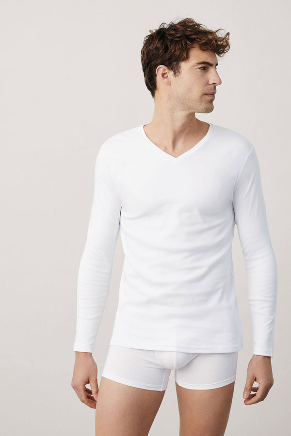 20108 1 camiseta interior manga larga cuello pico hombre - Blanco